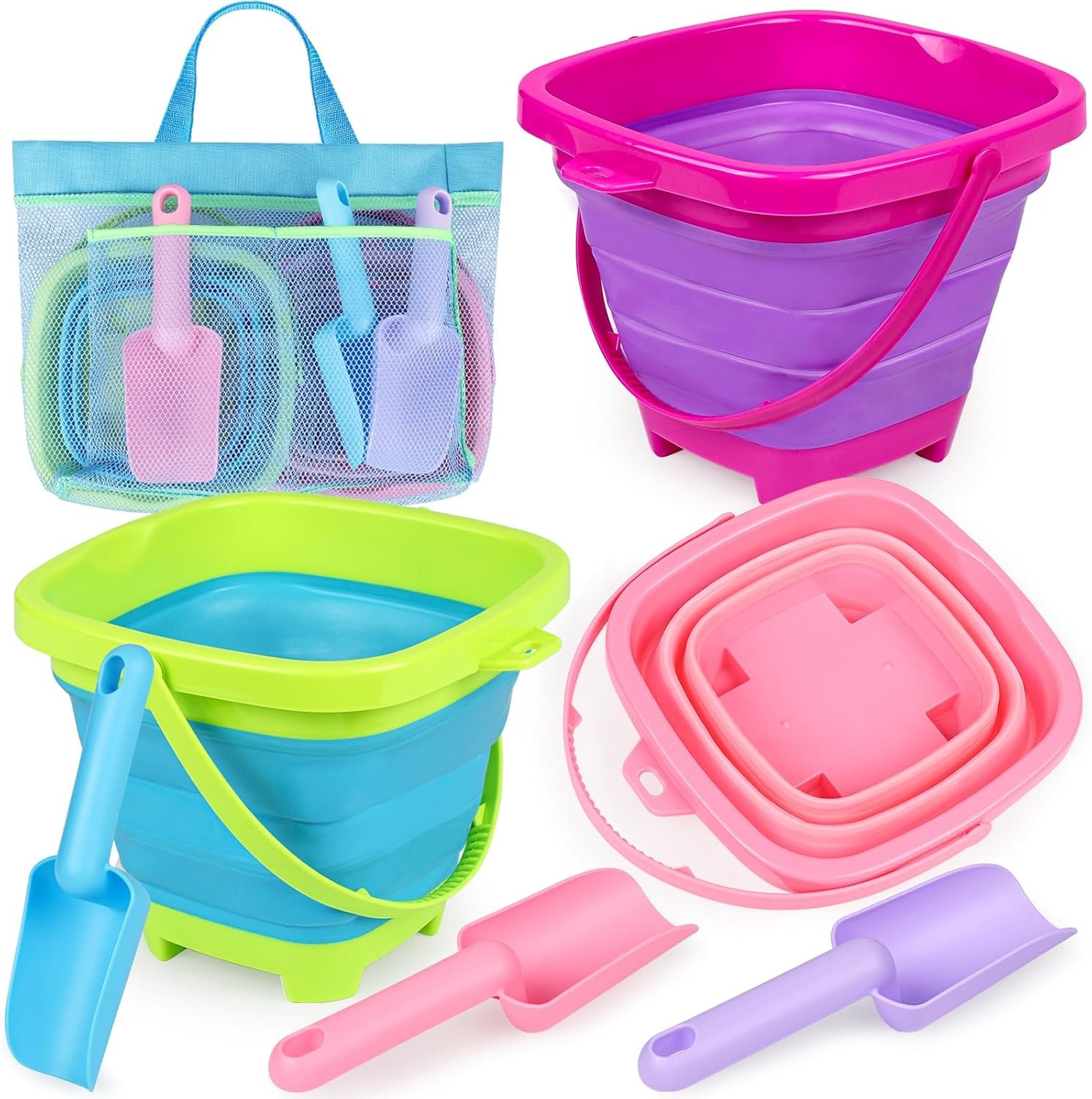 Beach Toys, 3 Collapsible Buckets with Shovels for Kids Ages 3-12 | Silicone