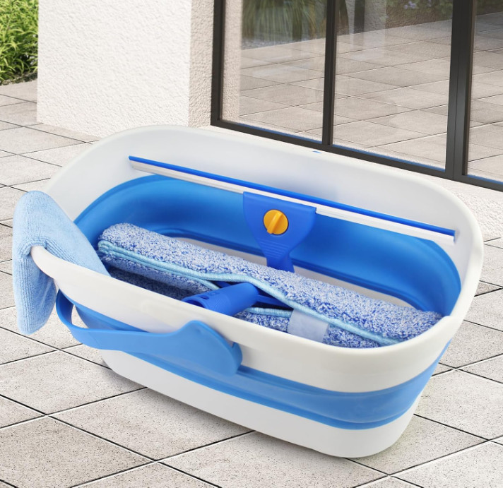 Kit Limpieza Ventanas 14″ Con Cubo Plegable 3 Gal Y Mango Largo 61″