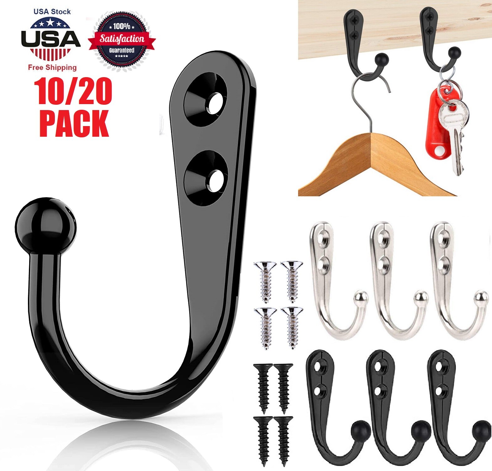 20PCS Towel Coat Heavy Duty Stainless Steel Door Wall Mount J Hook Hanger Holder