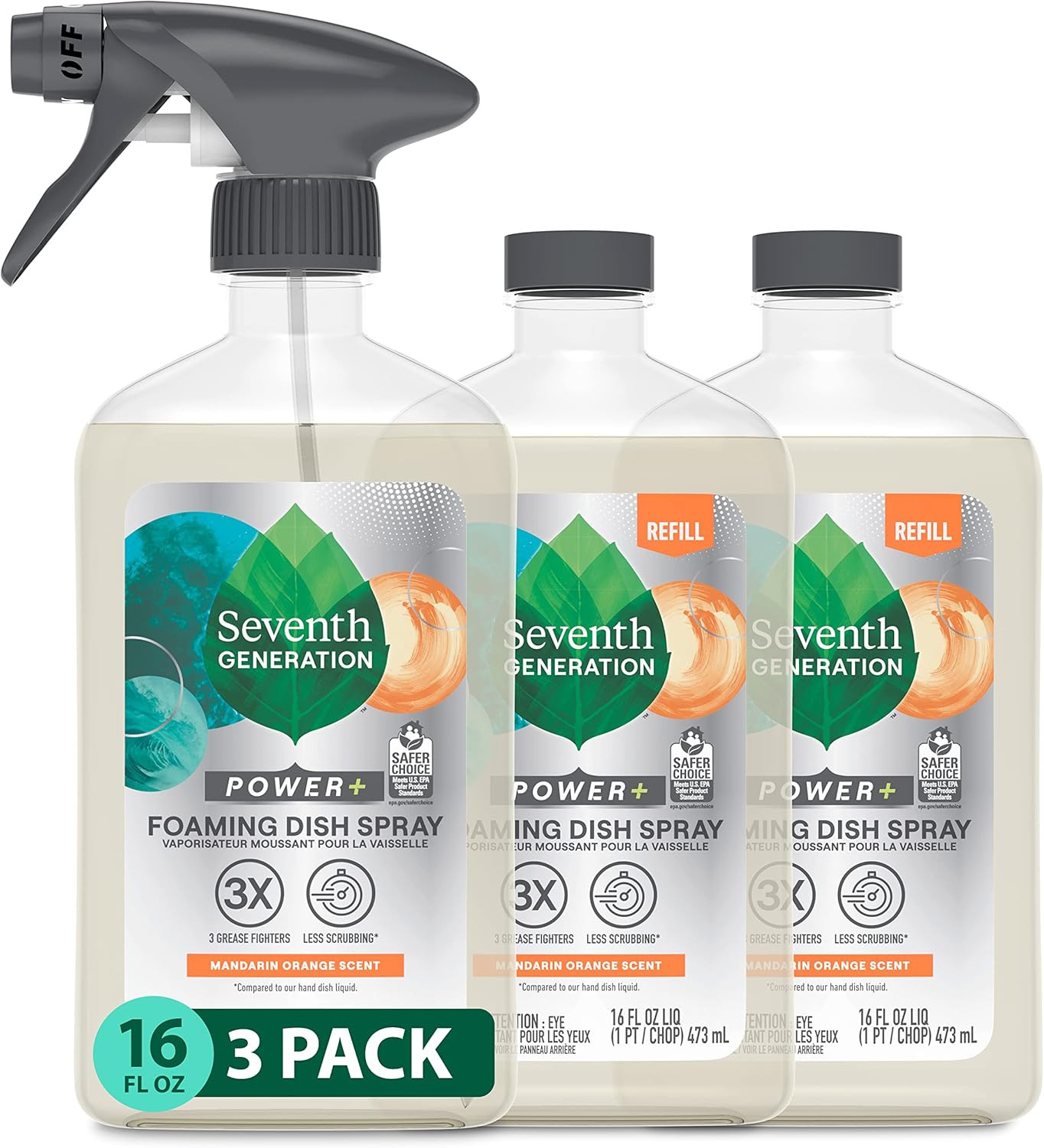 Seventh Generation Foaming Dish Spray 16oz 3 Refills + 1 Sprayhead 4pc Kit