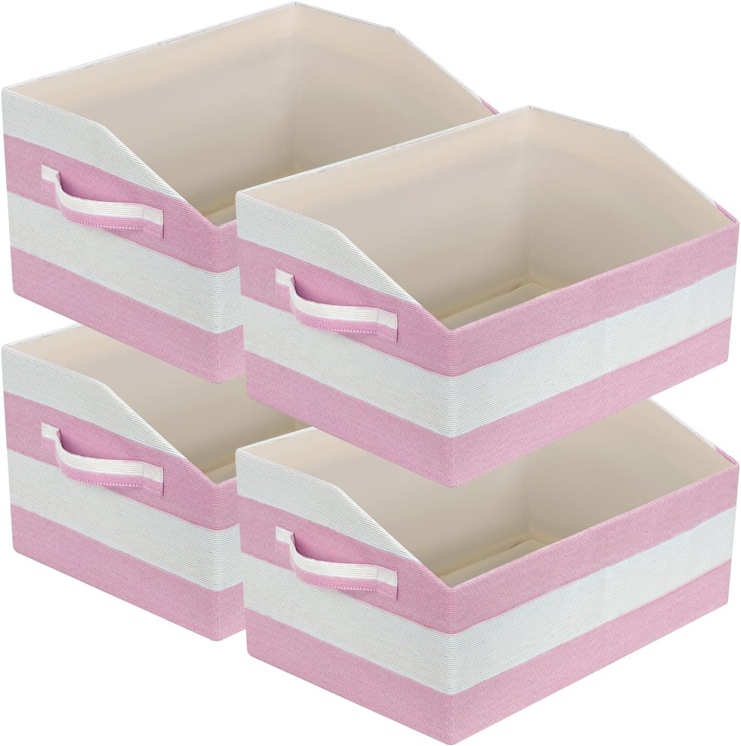 Trapezoid Fabric Storage Bins, 4 Pack, Pink/White, Collapsible with Handles