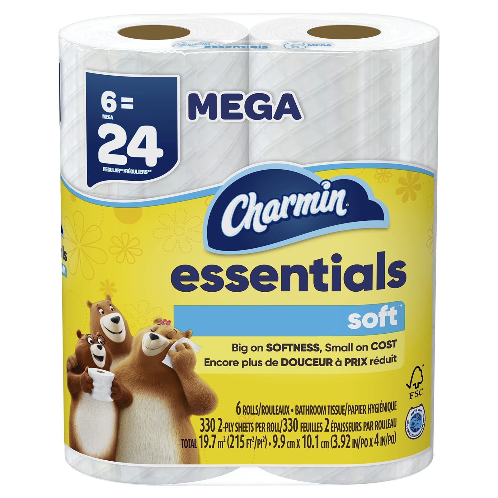 Charmin Essentials Soft Toilet Paper 6 Mega 6 Rolls (330 Sheets), No Color