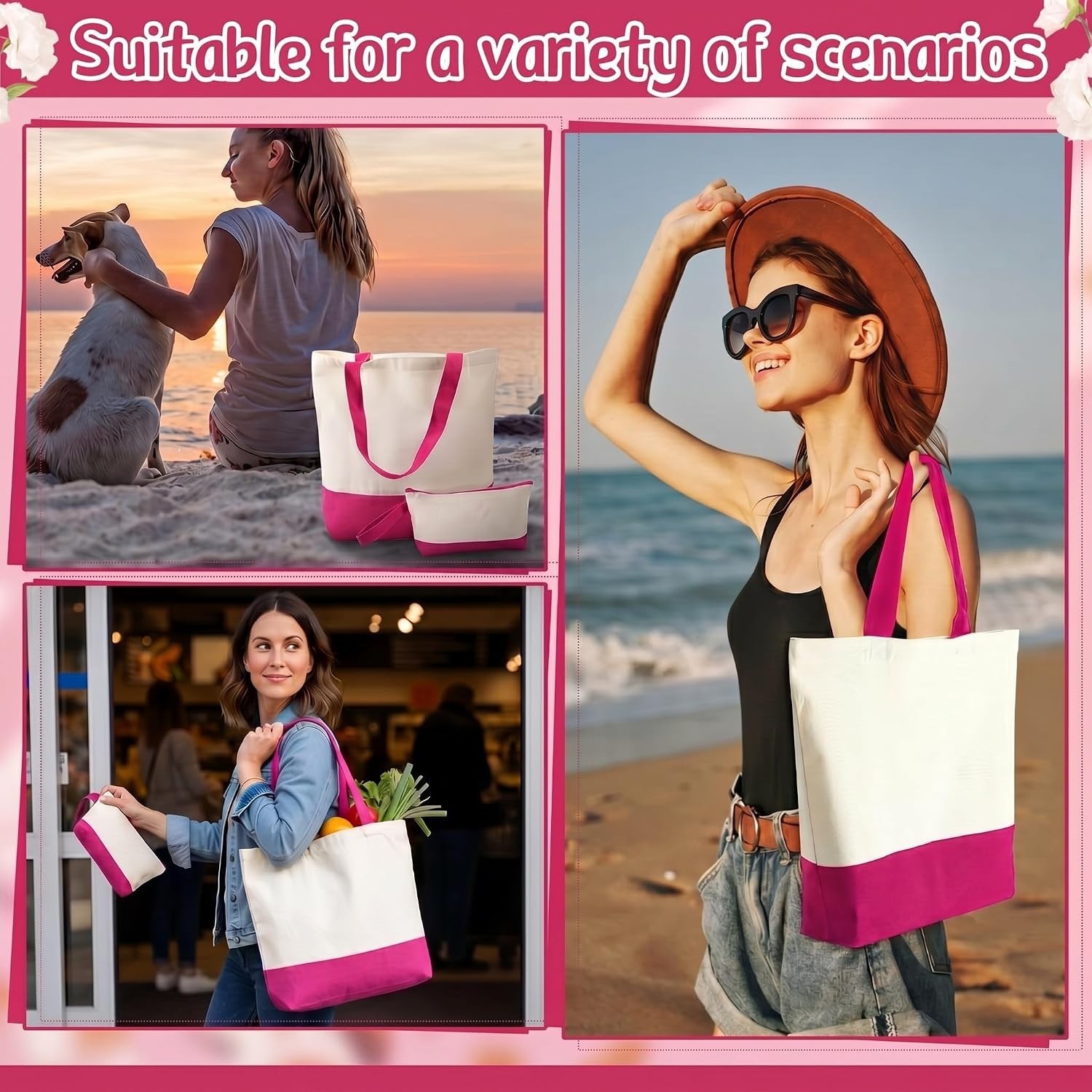 30 Pcs Canvas Tote Bags Bulk with Zipper Cosmetic Pouch 18.5″ Reusable Cotton…