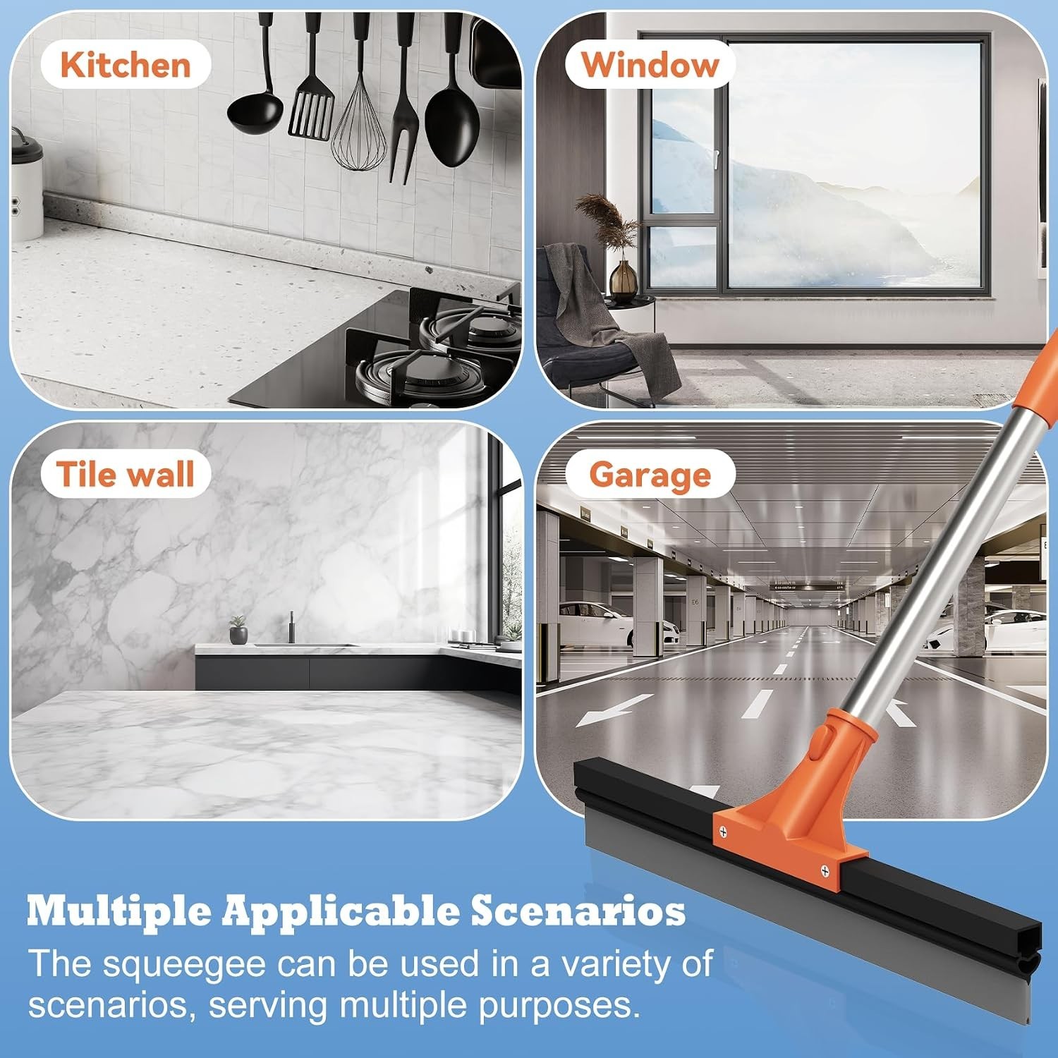 18in Floor Squeegee Heavy Duty Rubber Broom 62in Handle Window Shower Cleaner