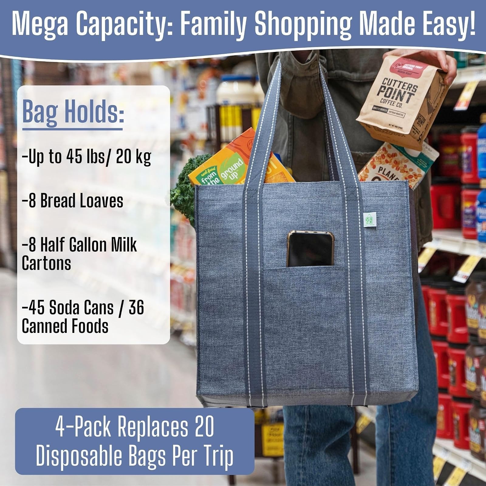 VENO 4 Pack Large Reusable Grocery Bags with Hard Bottom – Gray