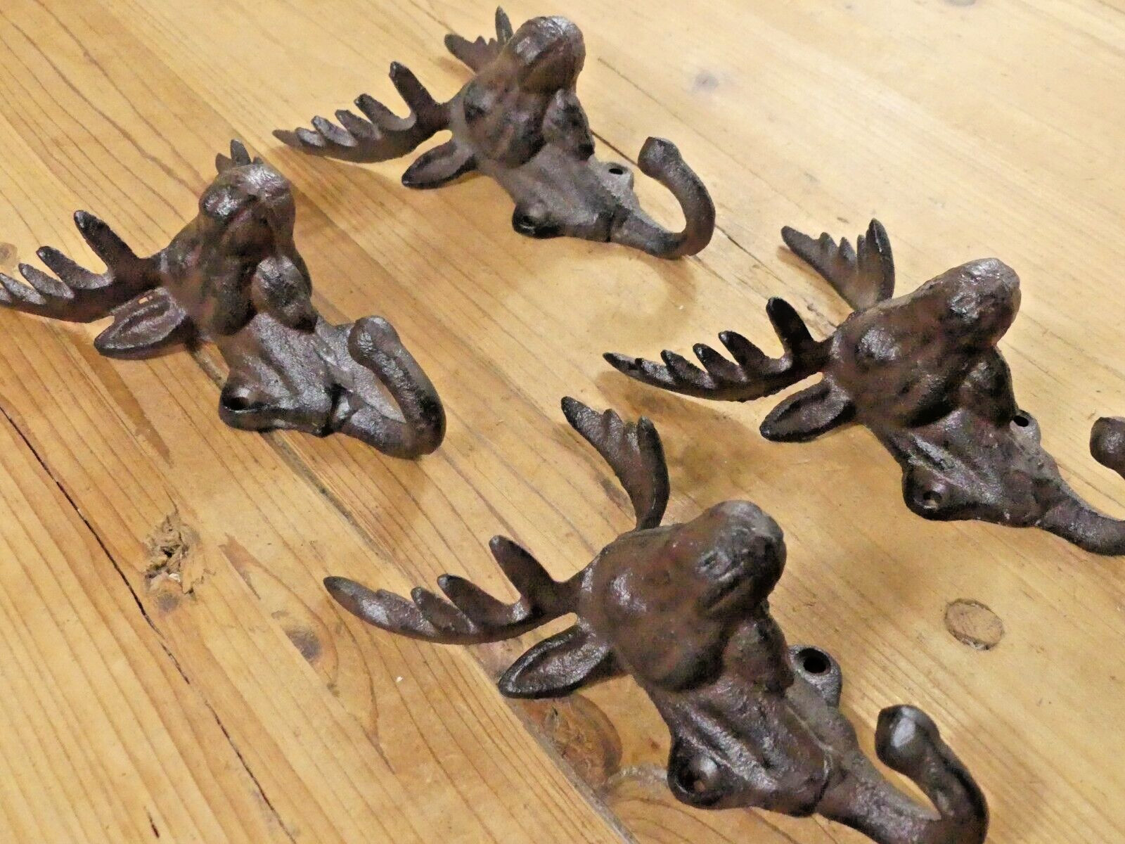 4 Rustic Elk Deer Moose Head Hooks Cast Iron Coat Hook Rack Restoration Hat