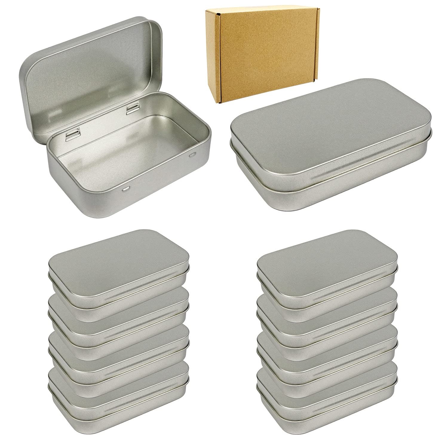 Silver Metal Rectangular Empty Hinged Tin Box 3.75×2.45×0.8 Inch 10 PCS