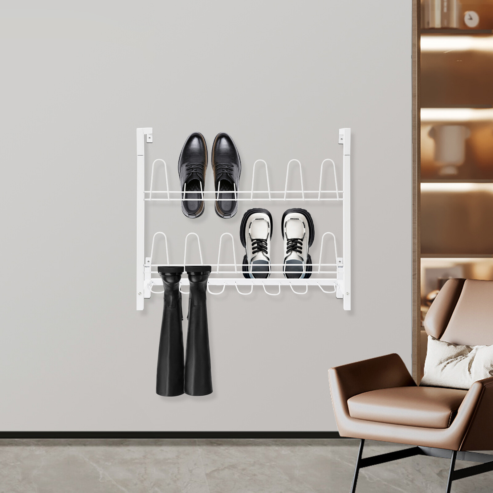 3 Tier Wall Mounted Shoe Rack, White Metal Wire Boot Rack Hanging Shoe Organizer