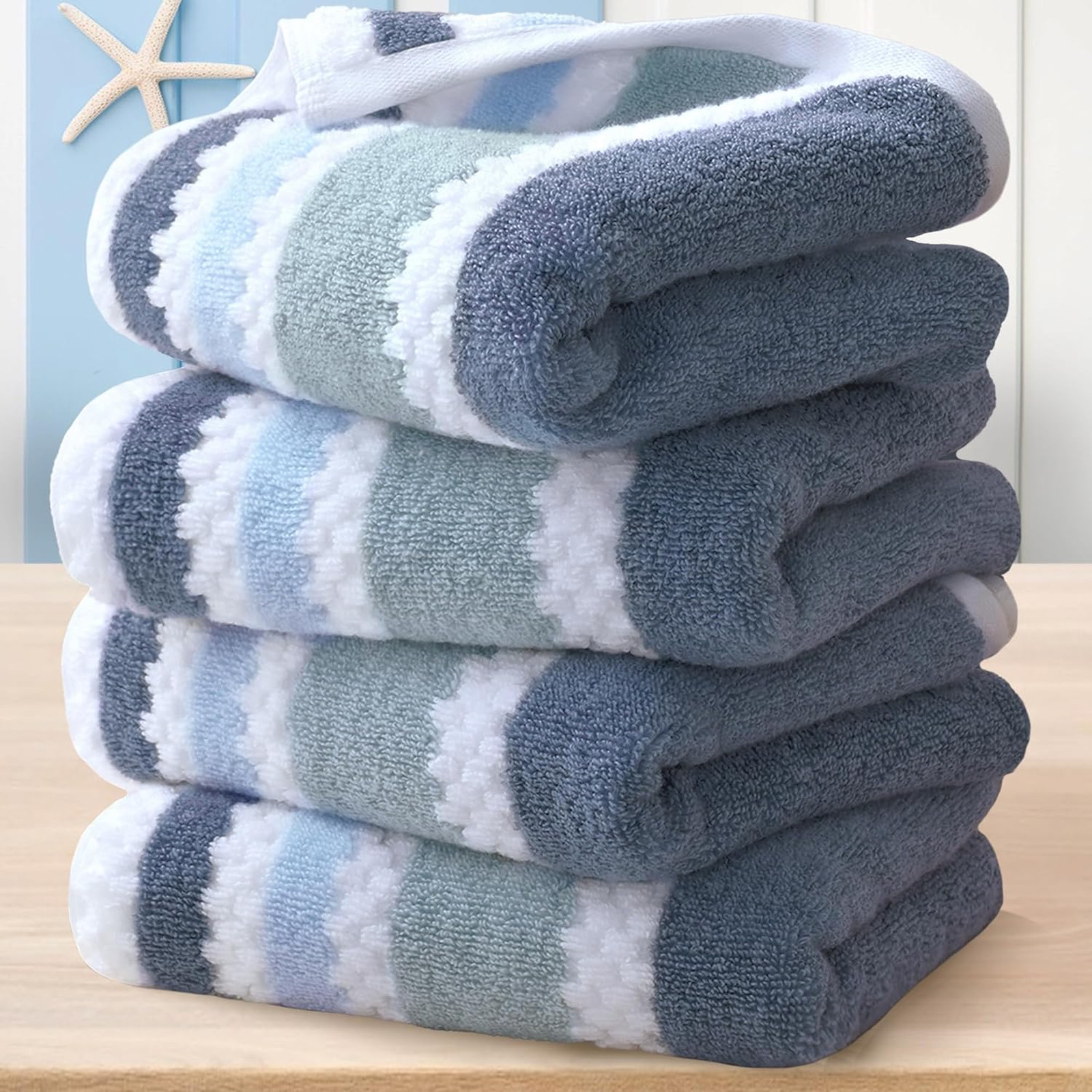 Cotton Polyester Waffle Hand Towels 4PC 16×27 Inches Blue Gray Stripe White
