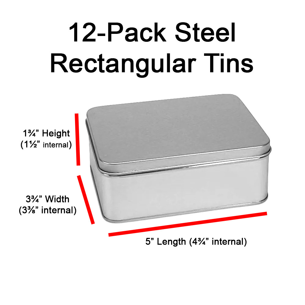 12-Pack Steel Rectangular Tins w/ Lids — 5″ x 3¾” x 1¾” — Craft, Storage & Gift