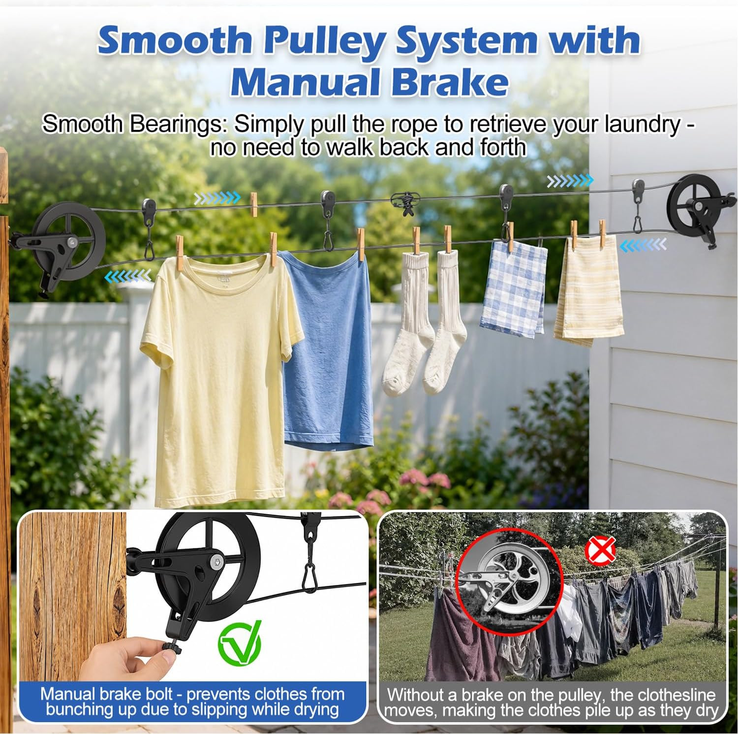 150ft Black Clothesline Pulley Kit with Aluminum Brake Pulleys | 3/16″ Black Coa