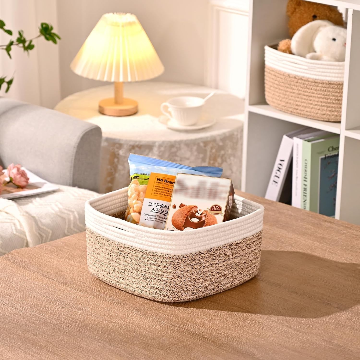 Storage Baskets for Shelves, 2 Pack Shallow Basket – 10.5″ x 10.5″ x 5.5″, Rope
