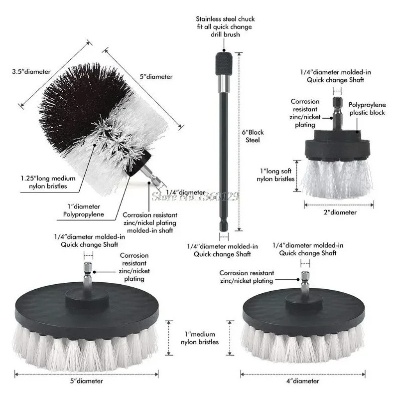 Drill Brush Power Scrubber Set 2–5in Nylon Cleaning Brushes for Bathroom Kitchen