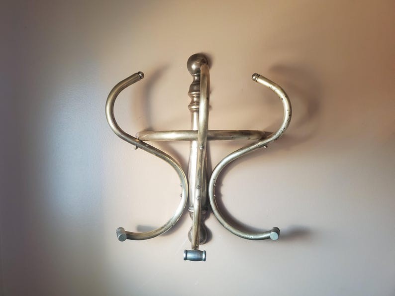 Vintage Brass Coat Rack Art Nouveau Barbershop Style Wall Hooks MCM Regency
