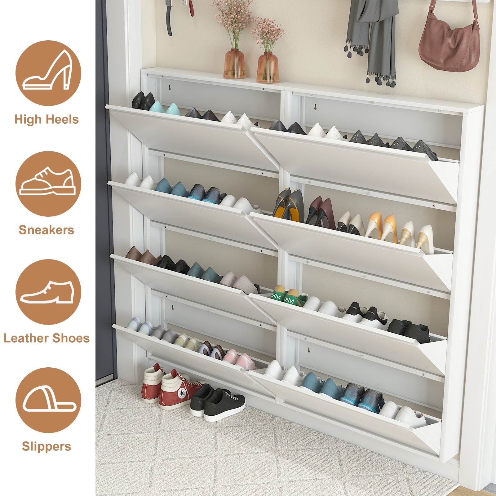 Metal Shoe Cabinet with 4 Flip Drawers, Wall Mount Shoe Organizer for Entryway