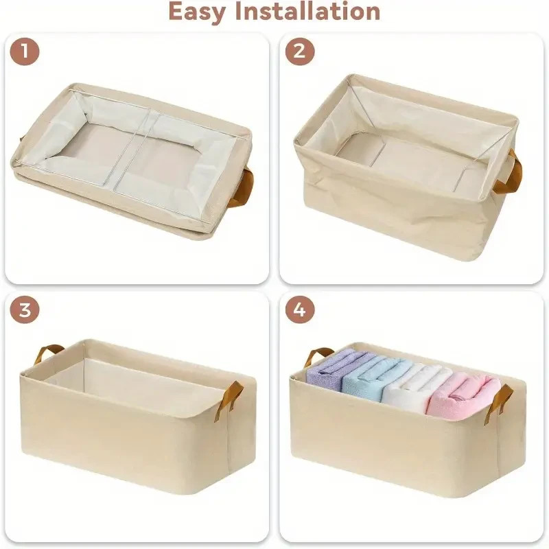 4pcs Medium Fabric Storage Baskets with Handles – 15″L x 10.2″W x 7.5″H, Beige