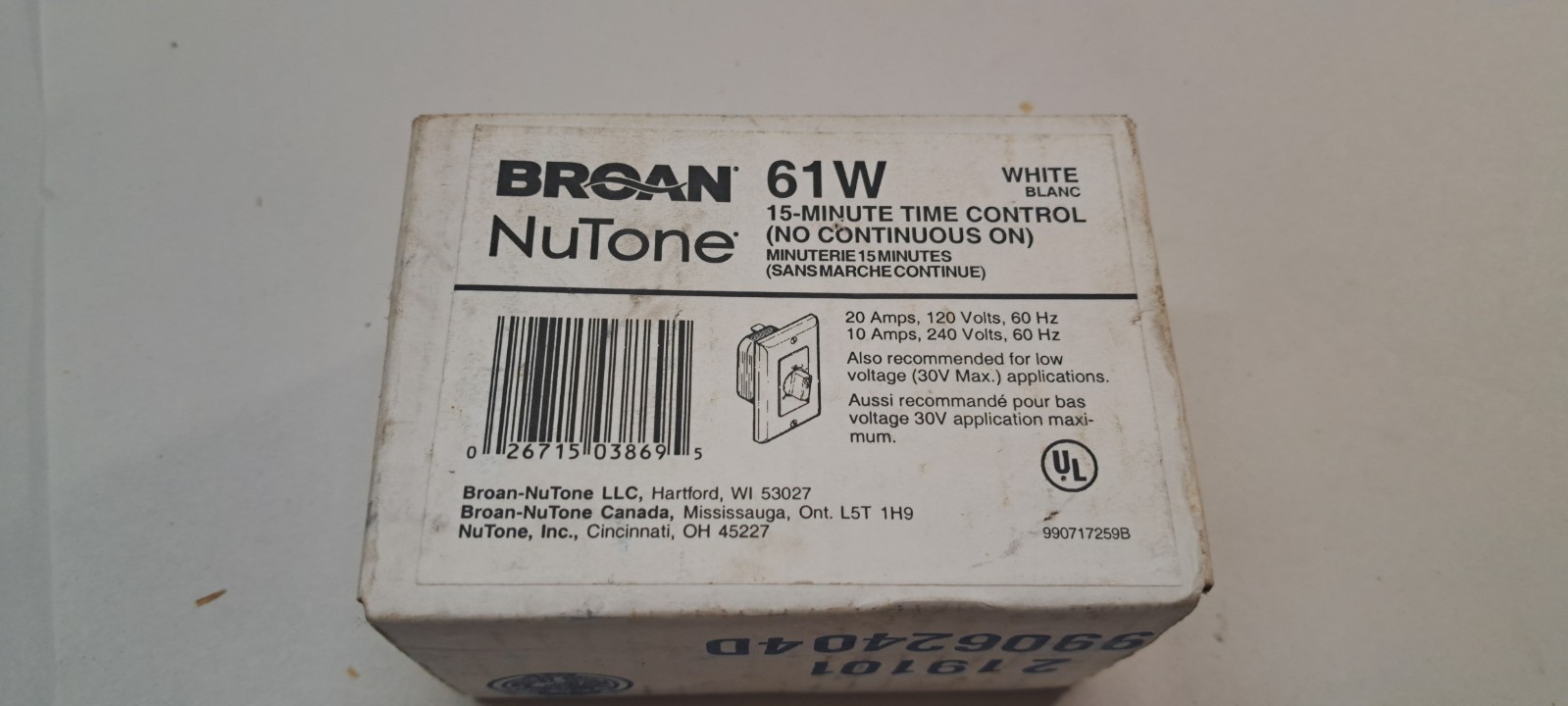 Broan-NuTone 15-Minute Time Control, 20/10 amps, 120/240V, White 61W