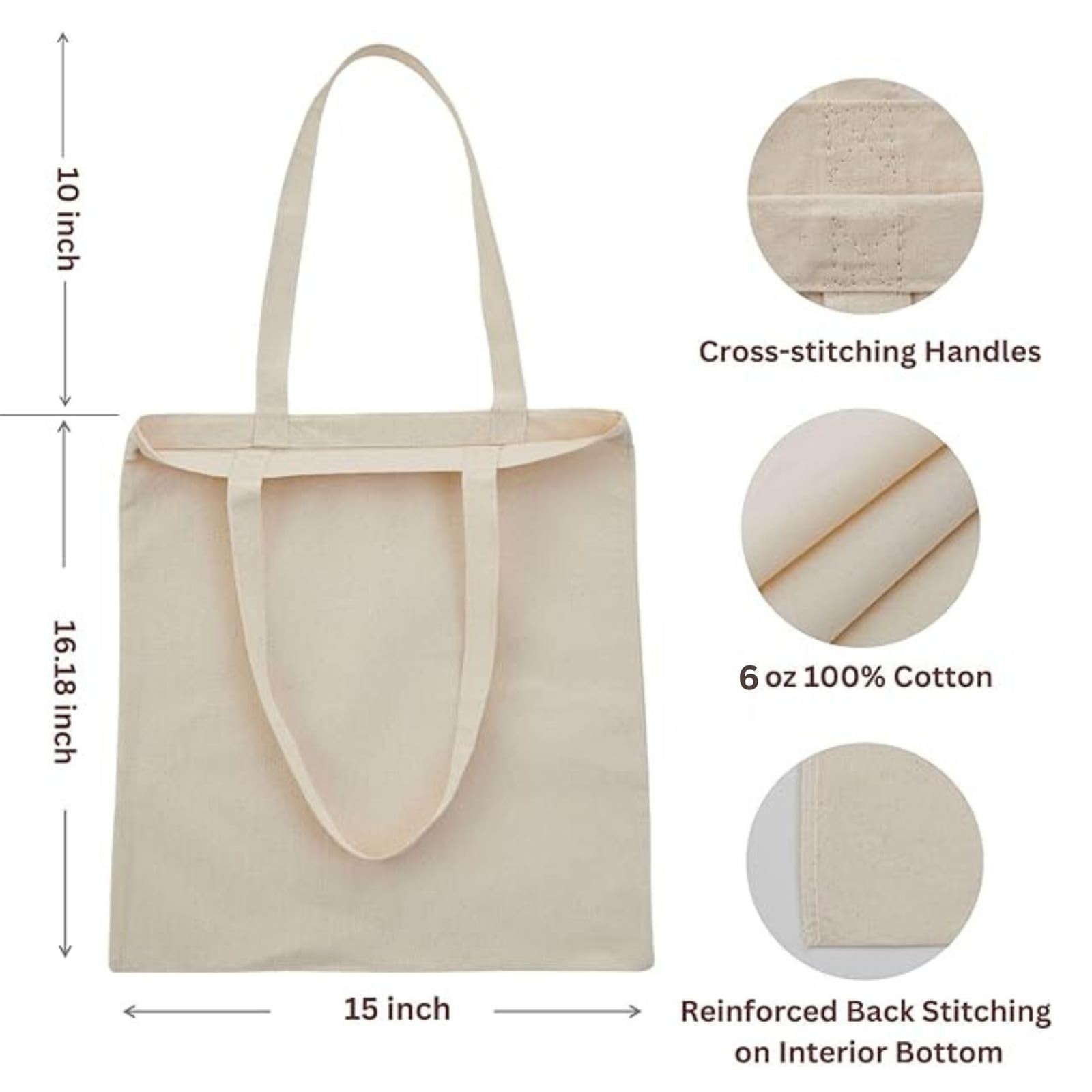 6 Pack Natural Canvas Cotton Tote Bags 15×16 – Heavy-Duty Reusable Canvas Tot…