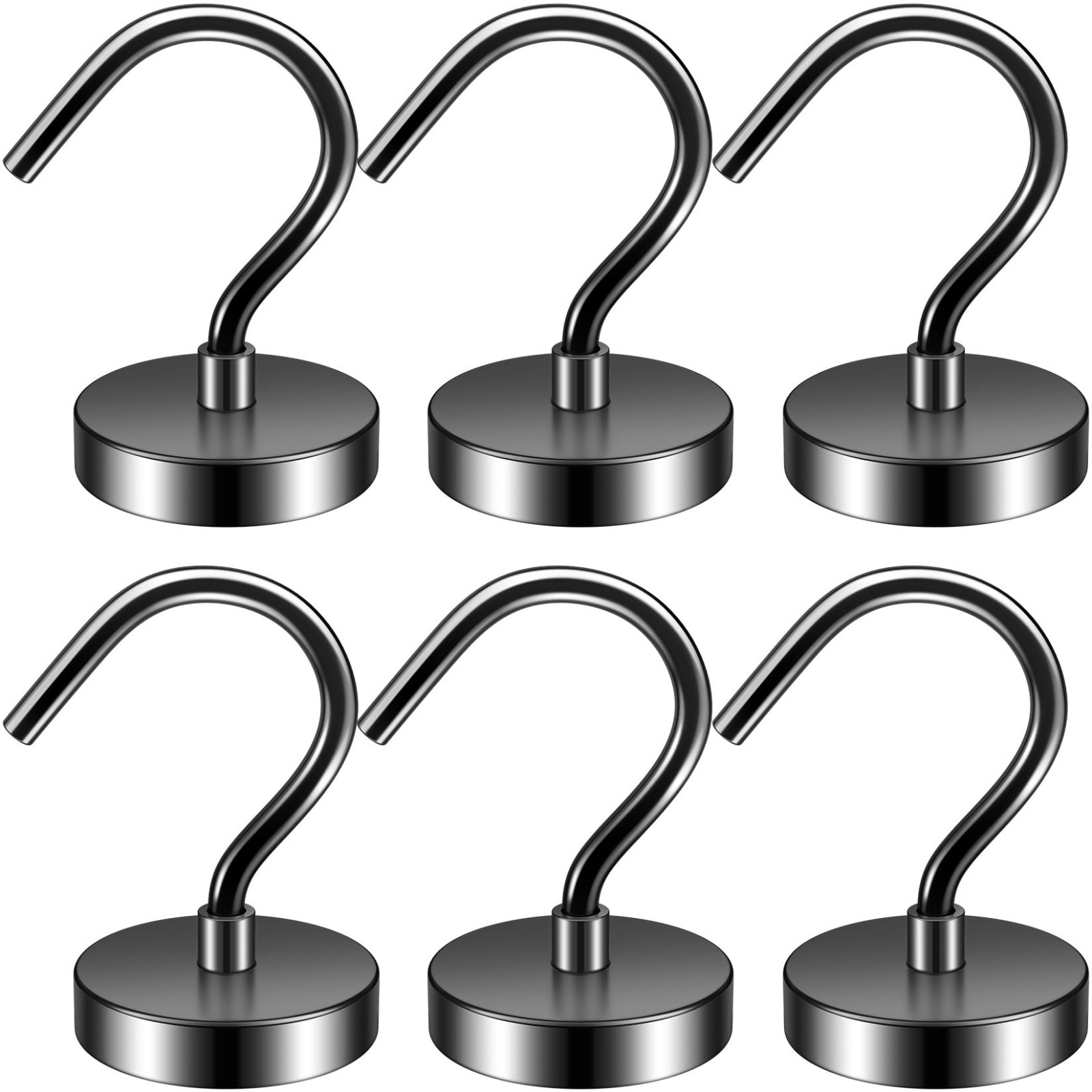 6 Pack 40LB Heavy Duty Magnetic Hooks Large Opening Neodymium Black Magnets, New