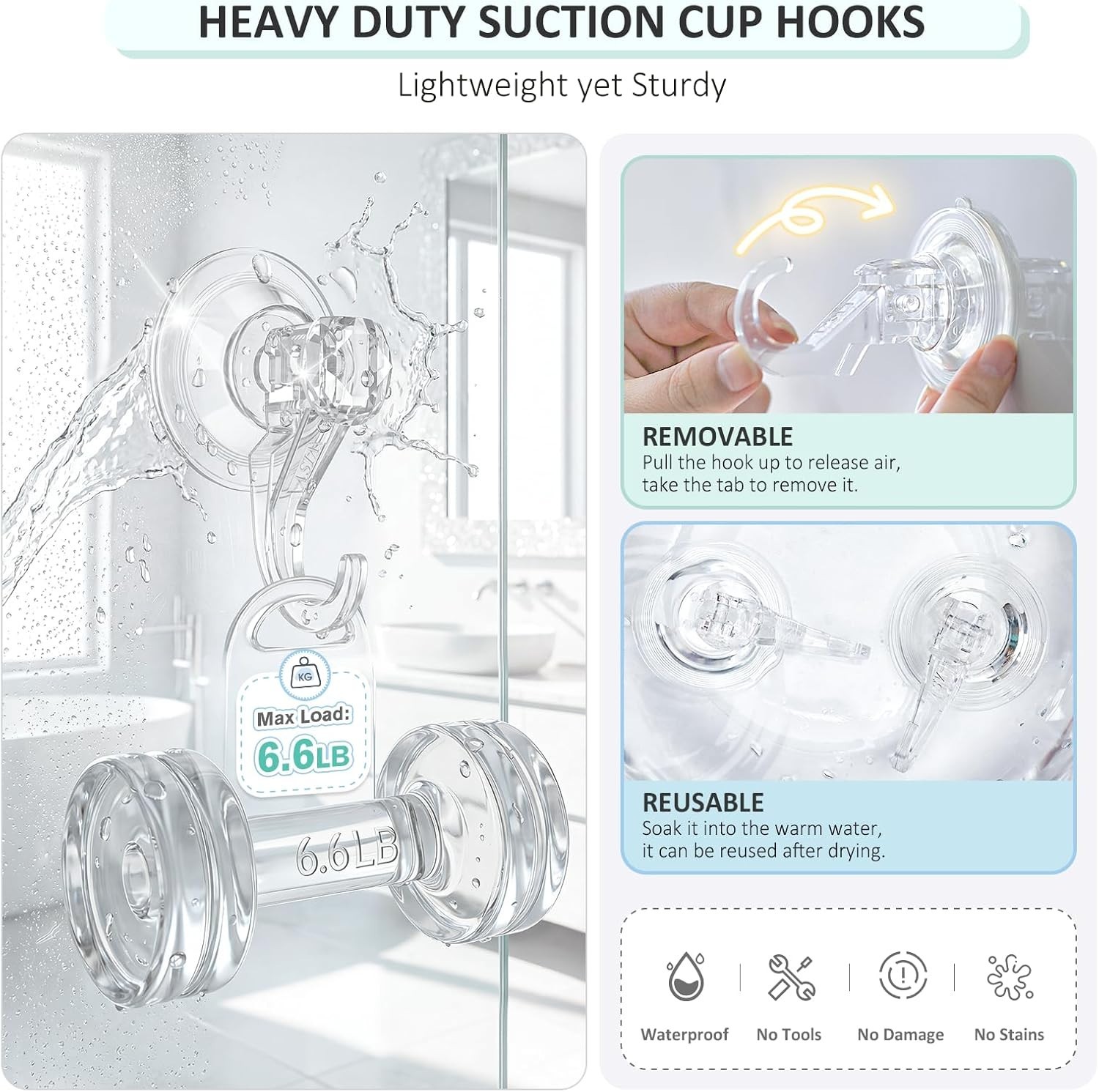 Minimalist Clear Suction Cup Hooks, Removable & Reusable – 2 Pcs, 6.6 lbs Max
