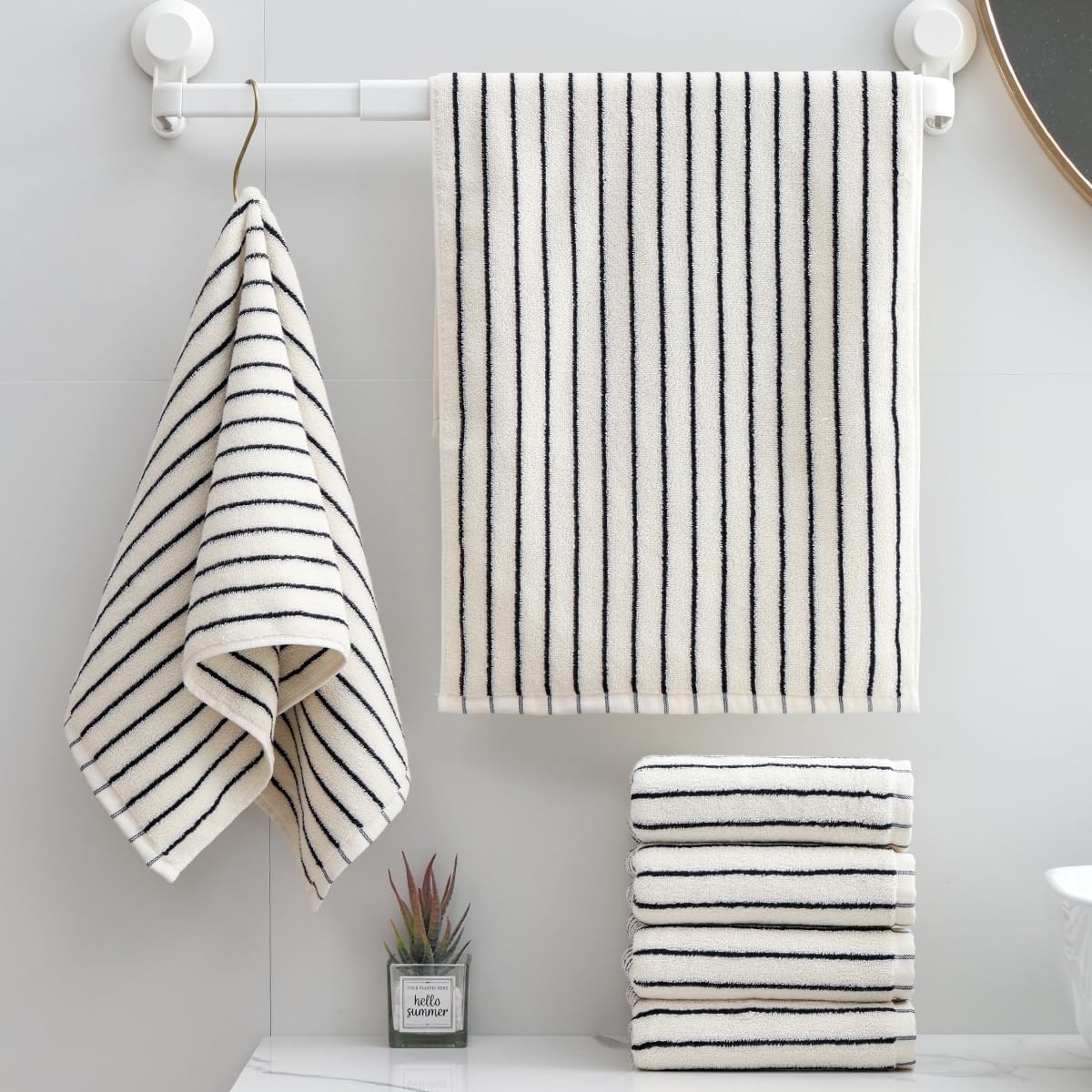 6 Piece Black and White Striped Hand Towels,100% Cotton Bathroom Towels Ultra
