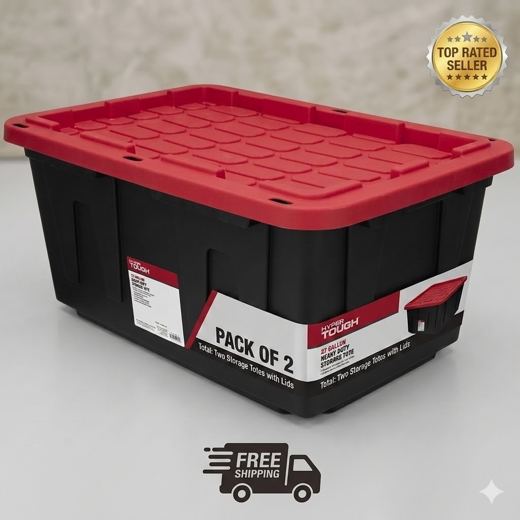 Hyper Tough 27 Gallon Large Plastic Storage Bin, Black and Red (Pack of 2)
