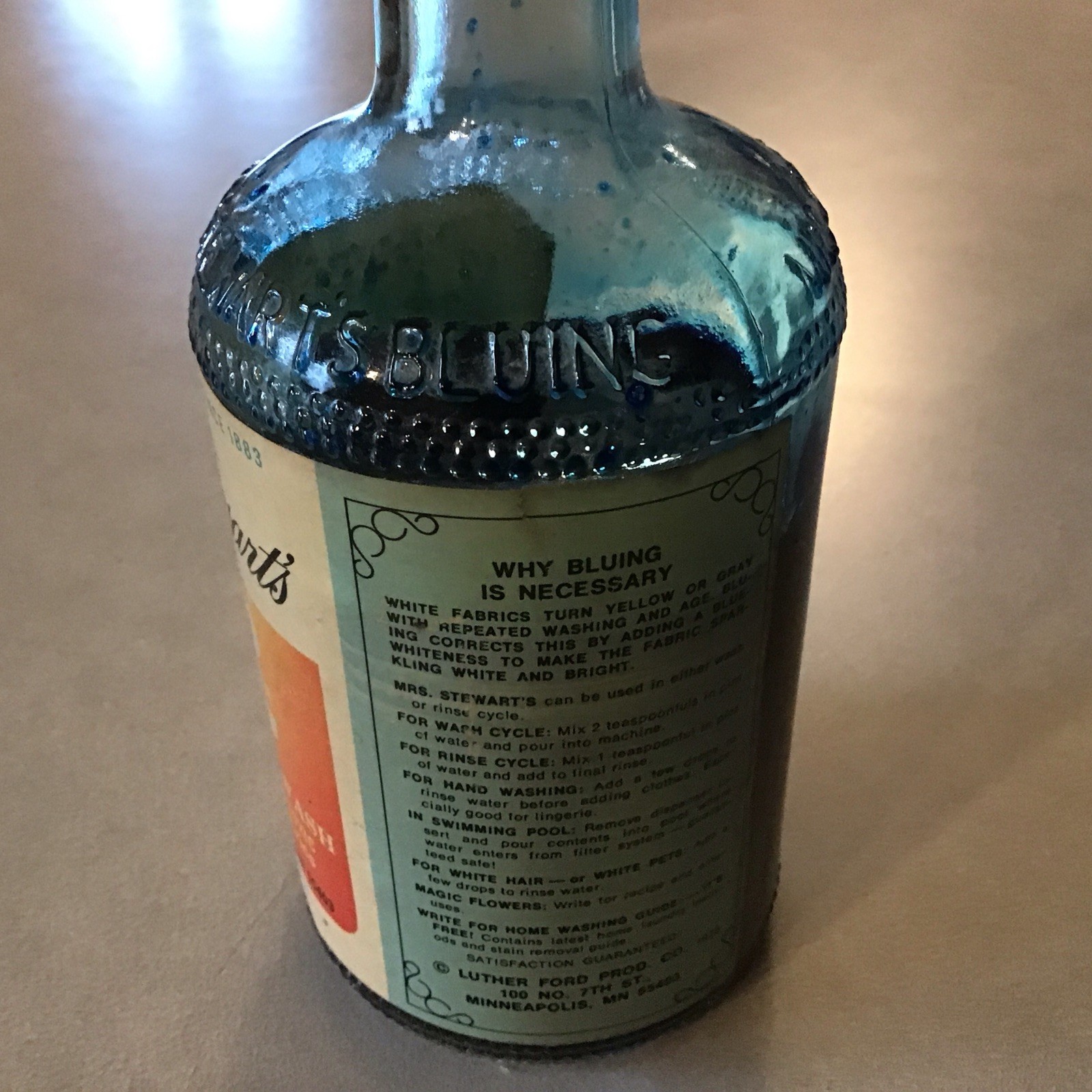 Vintage 1963 Mrs. Stewart’s Liquid Bluing Embossed Glass Bottle 10 oz