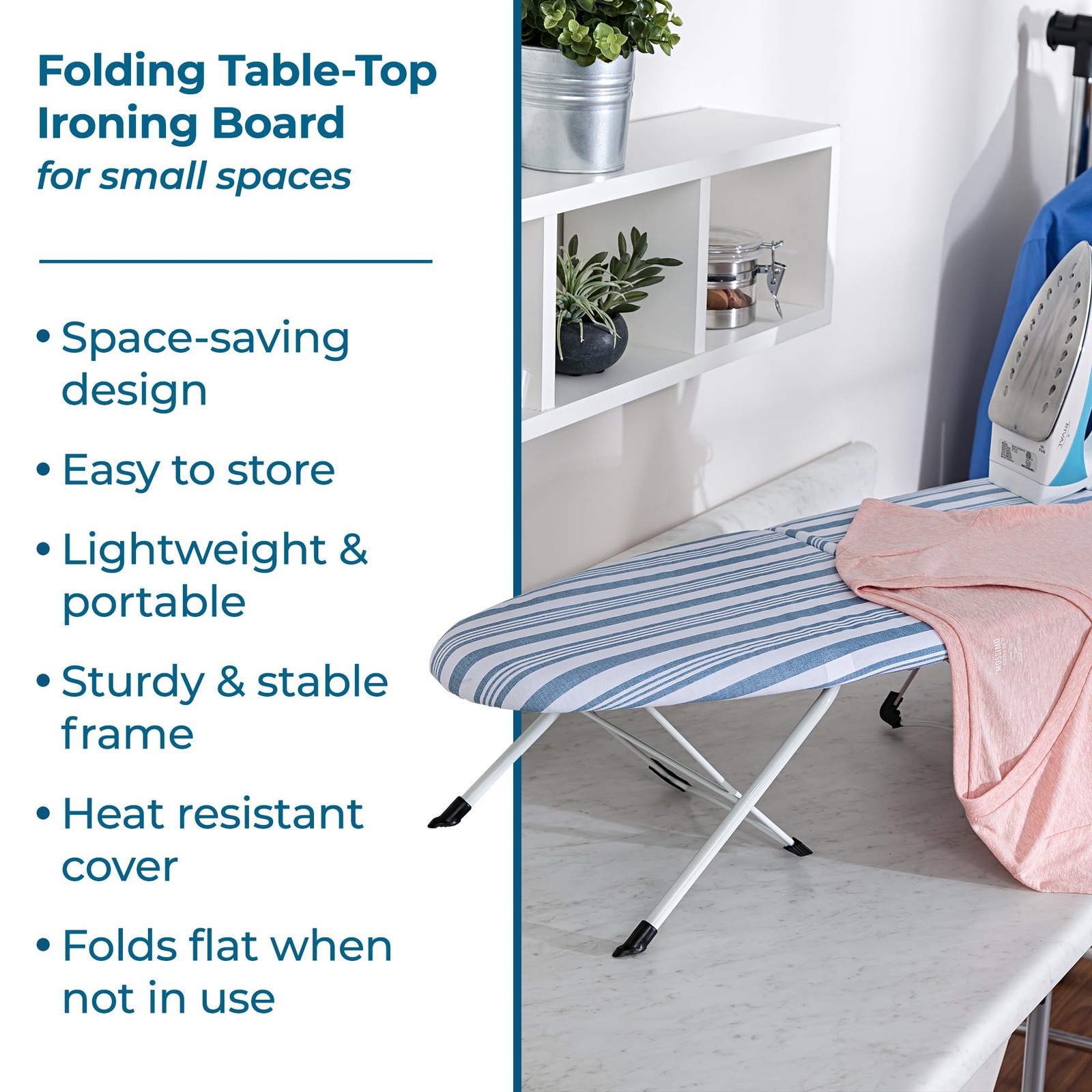 Tabletop Ironing Board Foldable with Iron Rest, Compact Steel Frame, Blue
