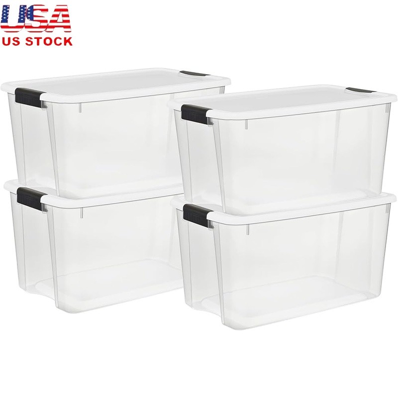 Stackable Clear Storage Boxes W/ Heavy Duty Latches 4-Pack Shatterproof New