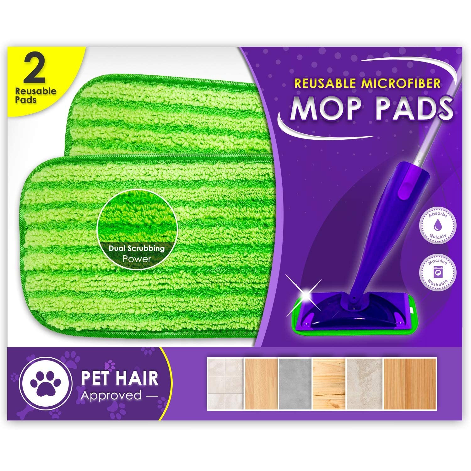 Universal Mop Pads, Microfiber, Washable, 2 Pack, 12 Inch, Green
