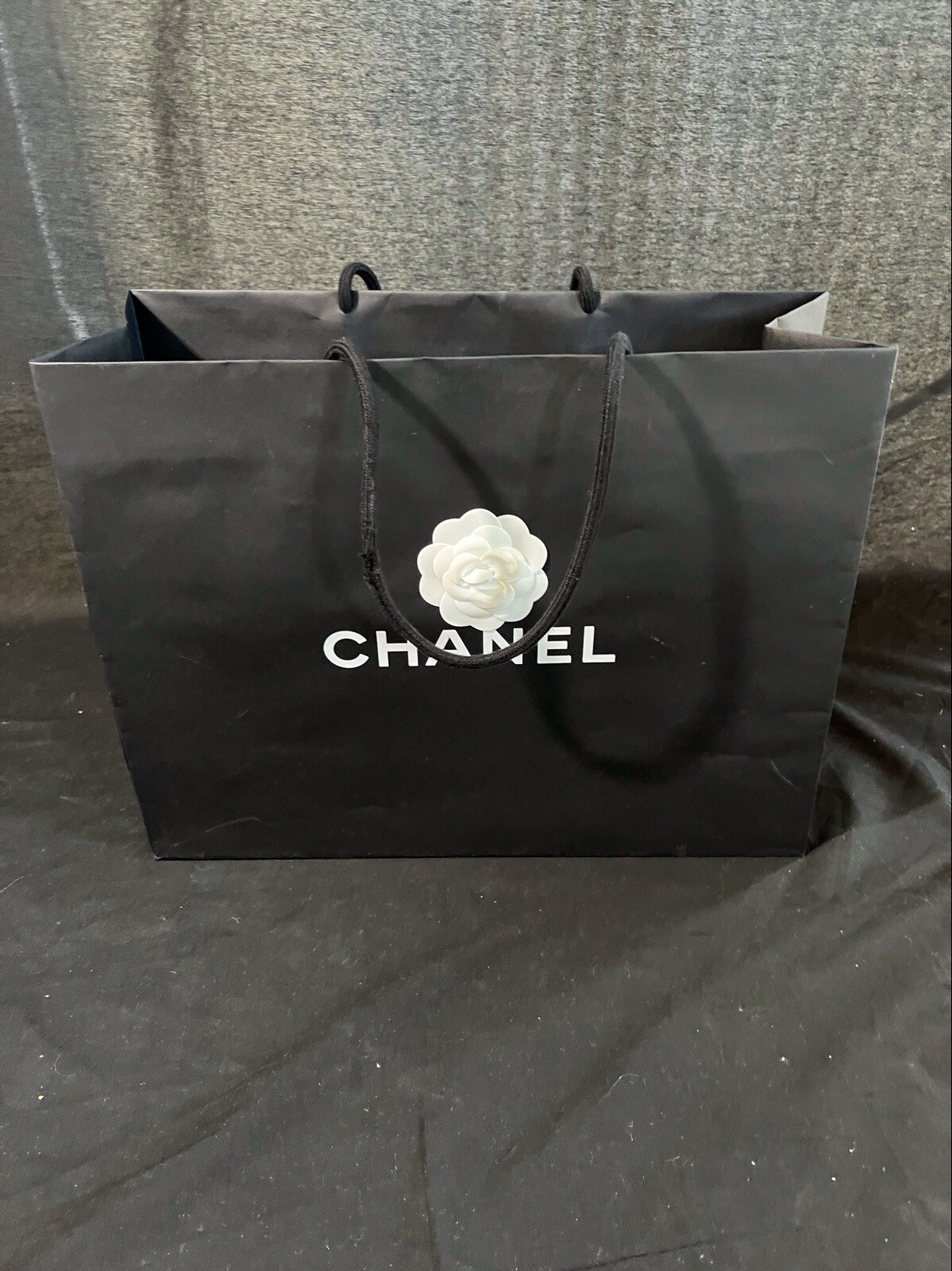 Authentic CHANEL Paper Reusable Shopping Bag Rope Handle Black 13″ x 17 “x 6”