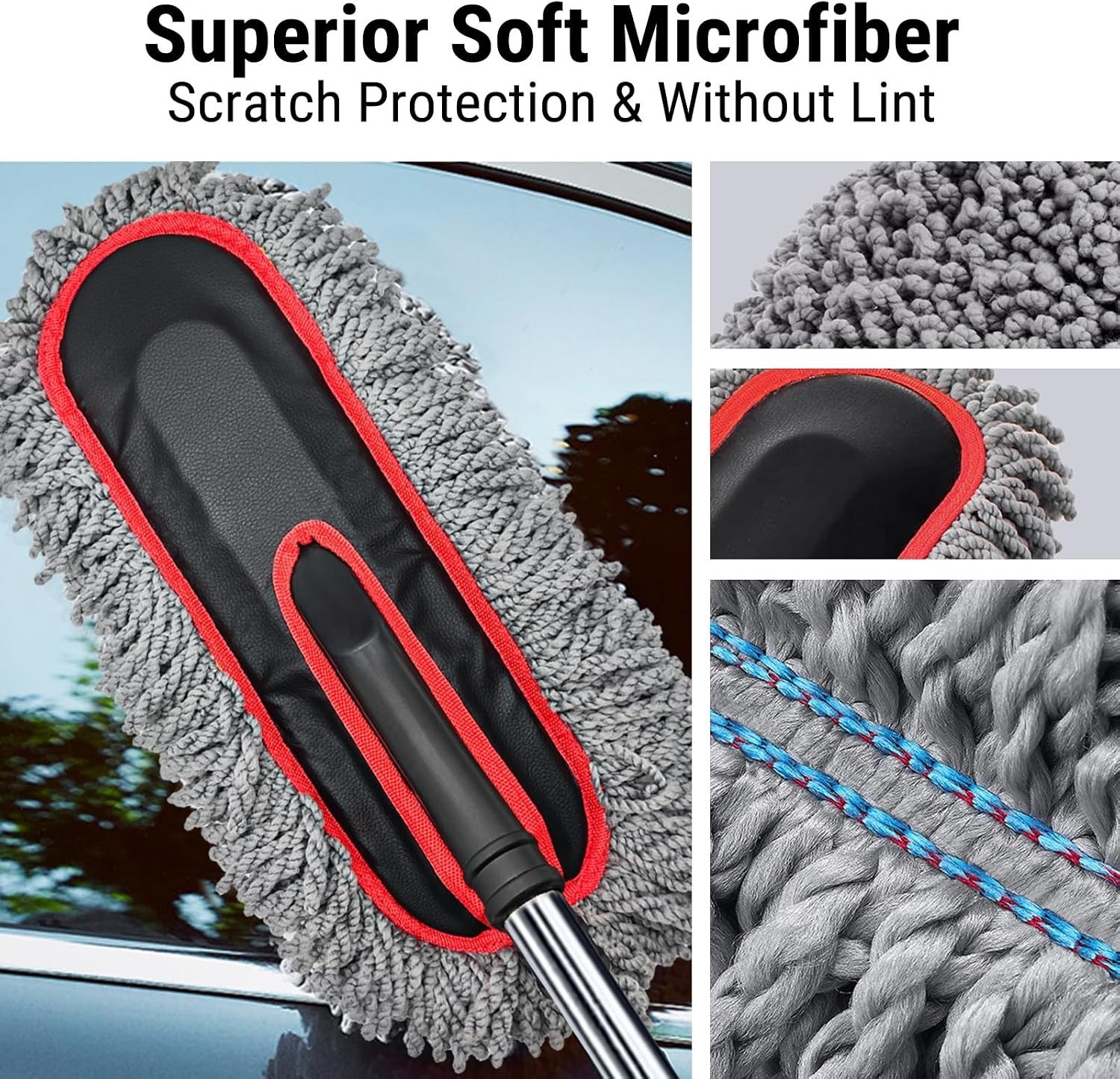 Car Duster, Scratch-Free Microfiber Cleaning Brush, Gray/Red | Extendable Han…