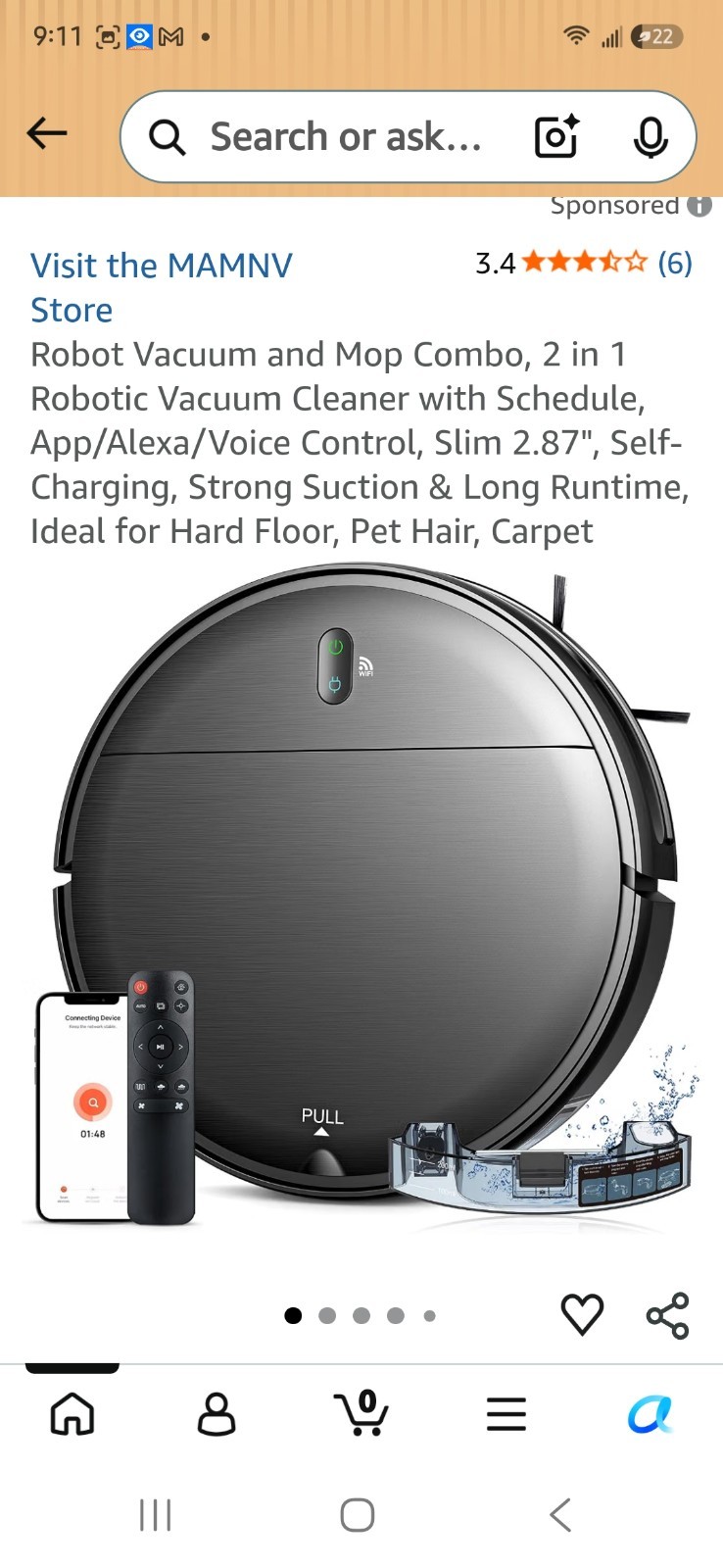 MAMNV Robot Vacuum and Mop Combo BR151 WiFi/App Control Needs Charger