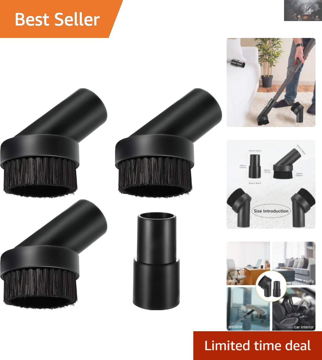3-Pc Round Dust Brush Set with Hose Adapter for 1.25-Inch Vacuum Attachments