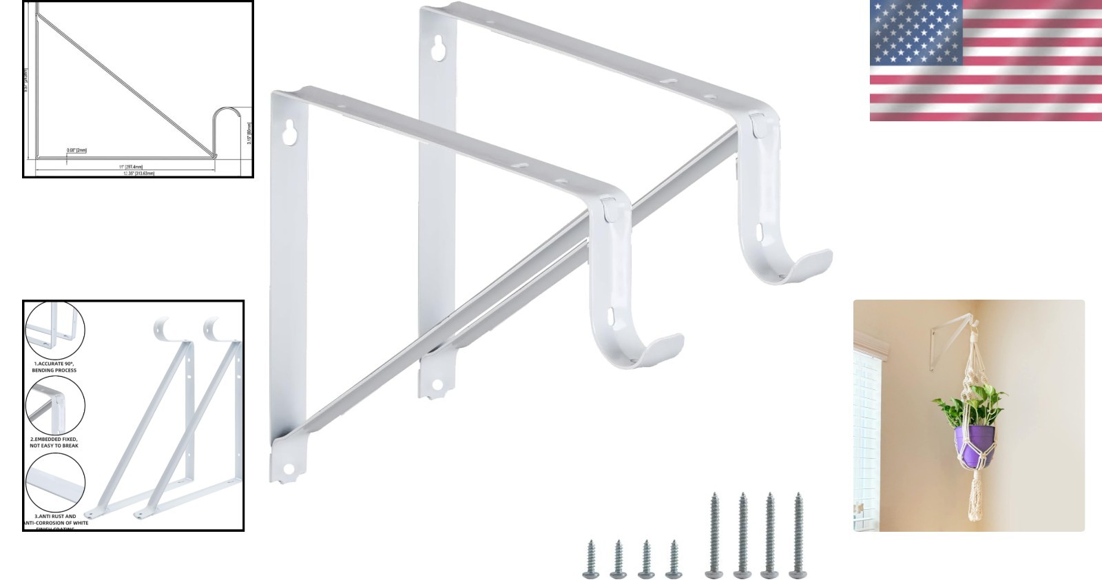 Elegant White Wall-Mounted Brackets for Shelves and Rods – 2 Pack, 11×9.5 in