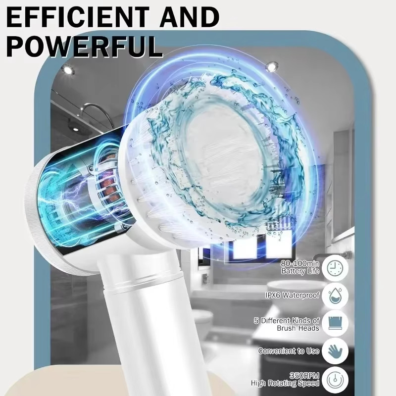New Power Scrubber 5 Replaceable Brush Heads Electric Spin Scrubber Bathroom Cle