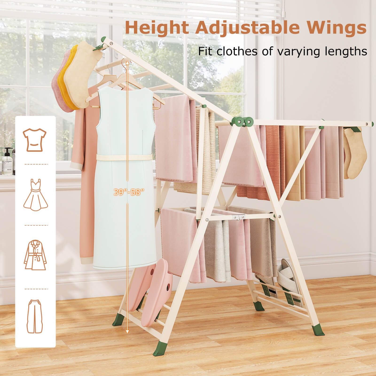 Foldable Metal Laundry Drying Rack w/Height Adjustable Wings, 16 Drying Rails