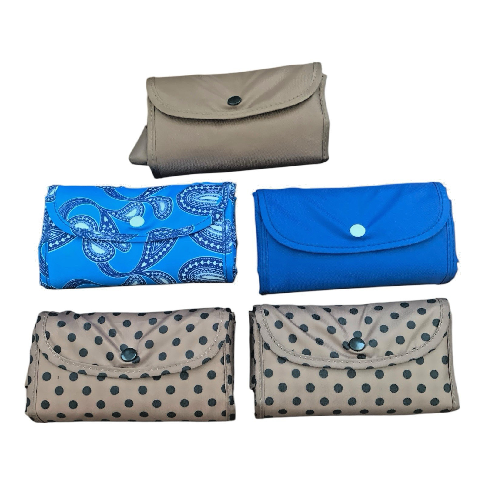 Unbranded Folding Reusable Tote Bag Set Paisley Polka Dot Blue Tan 5 Piece Set