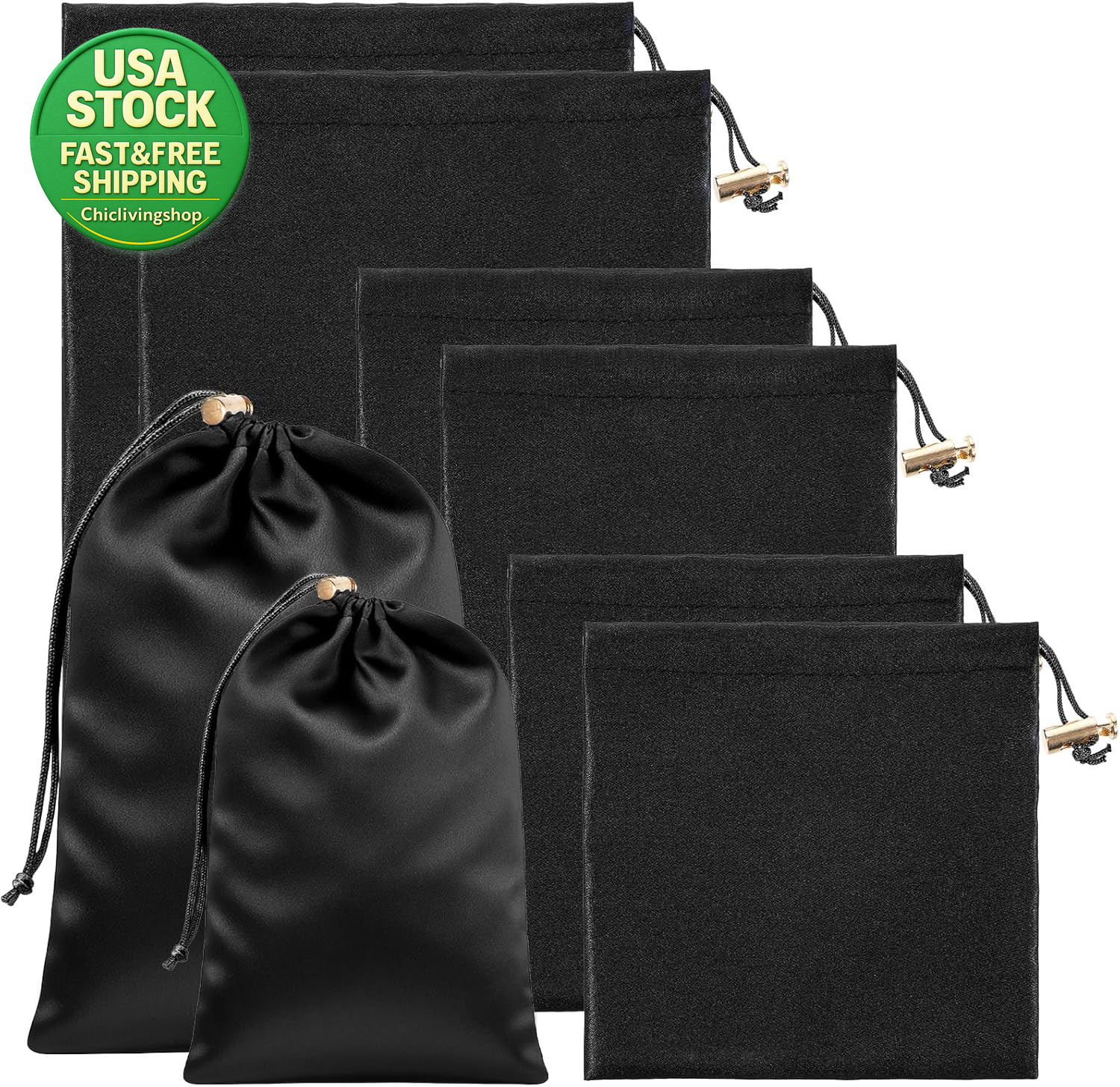 Toy Storage Bags Satin Silk Drawstring Pouch 6 Pcs Adjustable Microfiber Black