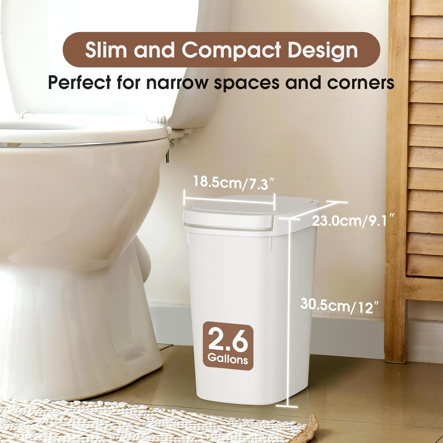 3 Pack Bathroom Trash Can with Lid, 10L/2.6 Gal Small Garbage Can with Press Top