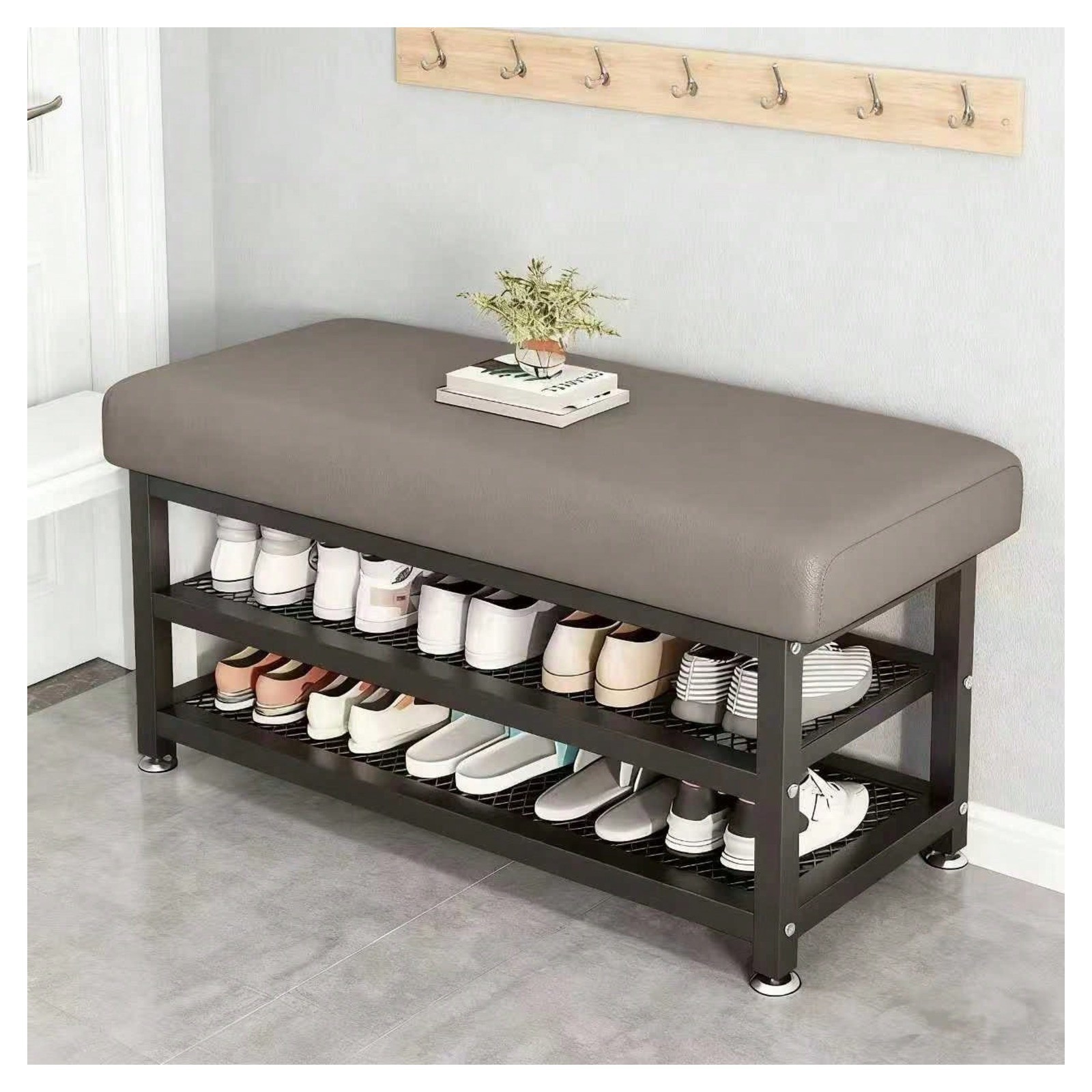 New Shoe Storage Bench Padded Seat Metal Rack Entryway Grey
