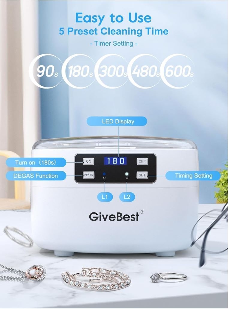 Professional Ultrasonic Jewelry Cleaner, 45kHz w/25oz Stainless Steel Tank