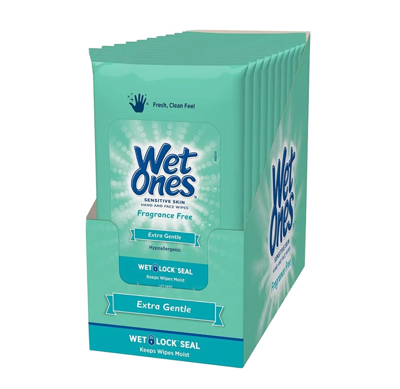 Wet Ones Sensitive Skin Hand & face Wipes Extra Gentle Fragrance Free 10 Packs