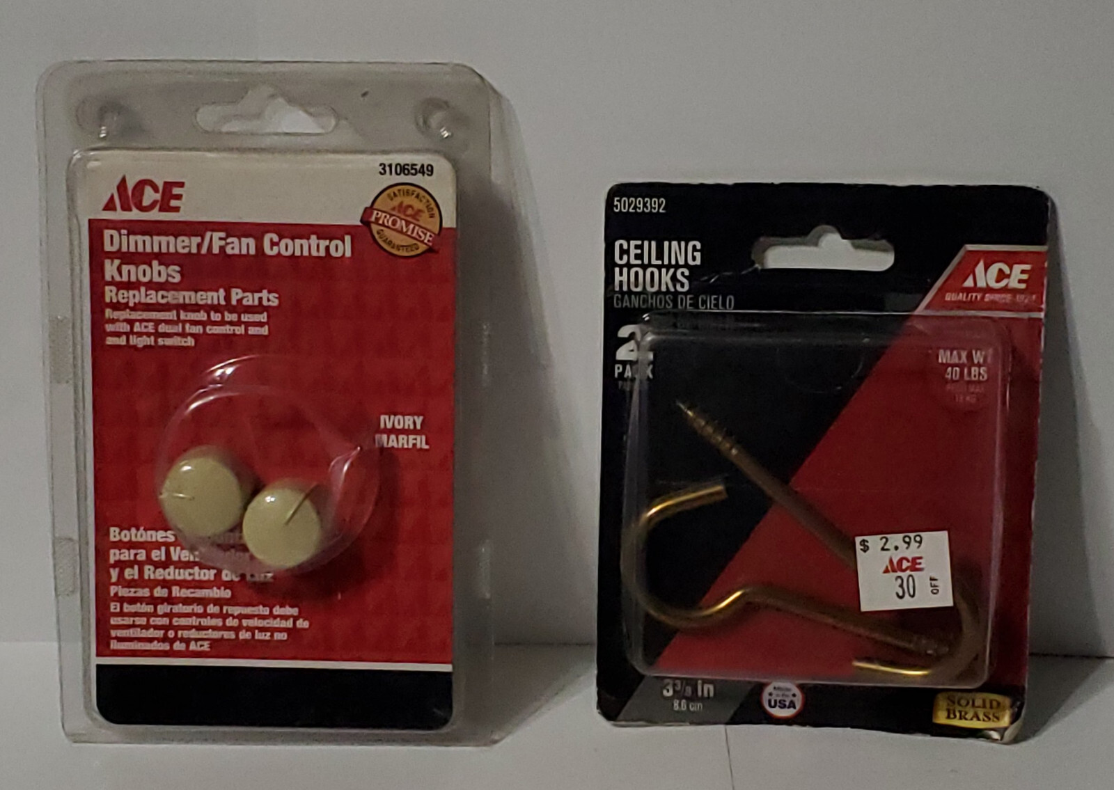 20 Miscellaneous ACE Hardware Items (Hooks, Screw Eyes, Door Stop, etc)