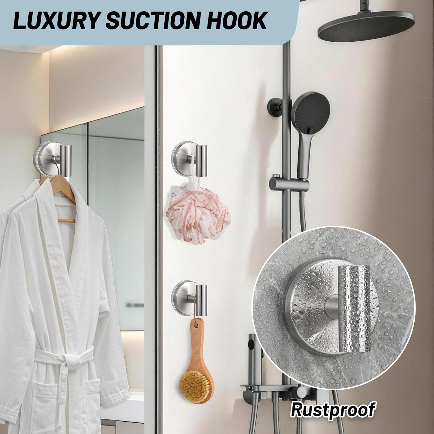 15 Lb Suction Cup Hooks for Shower, Stainless Steel Bath Towel Hooks | Removable