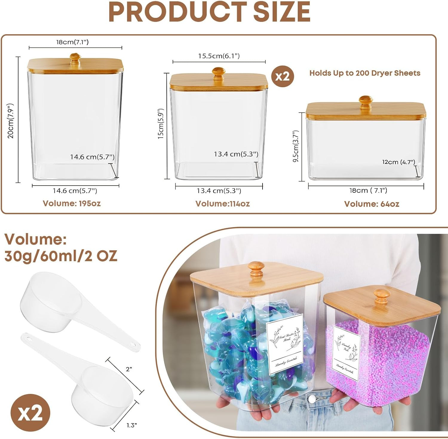 4 Pack Clear Laundry Pods Container & Dryer Sheet Holder,Bamboo Lids | Clear Squ