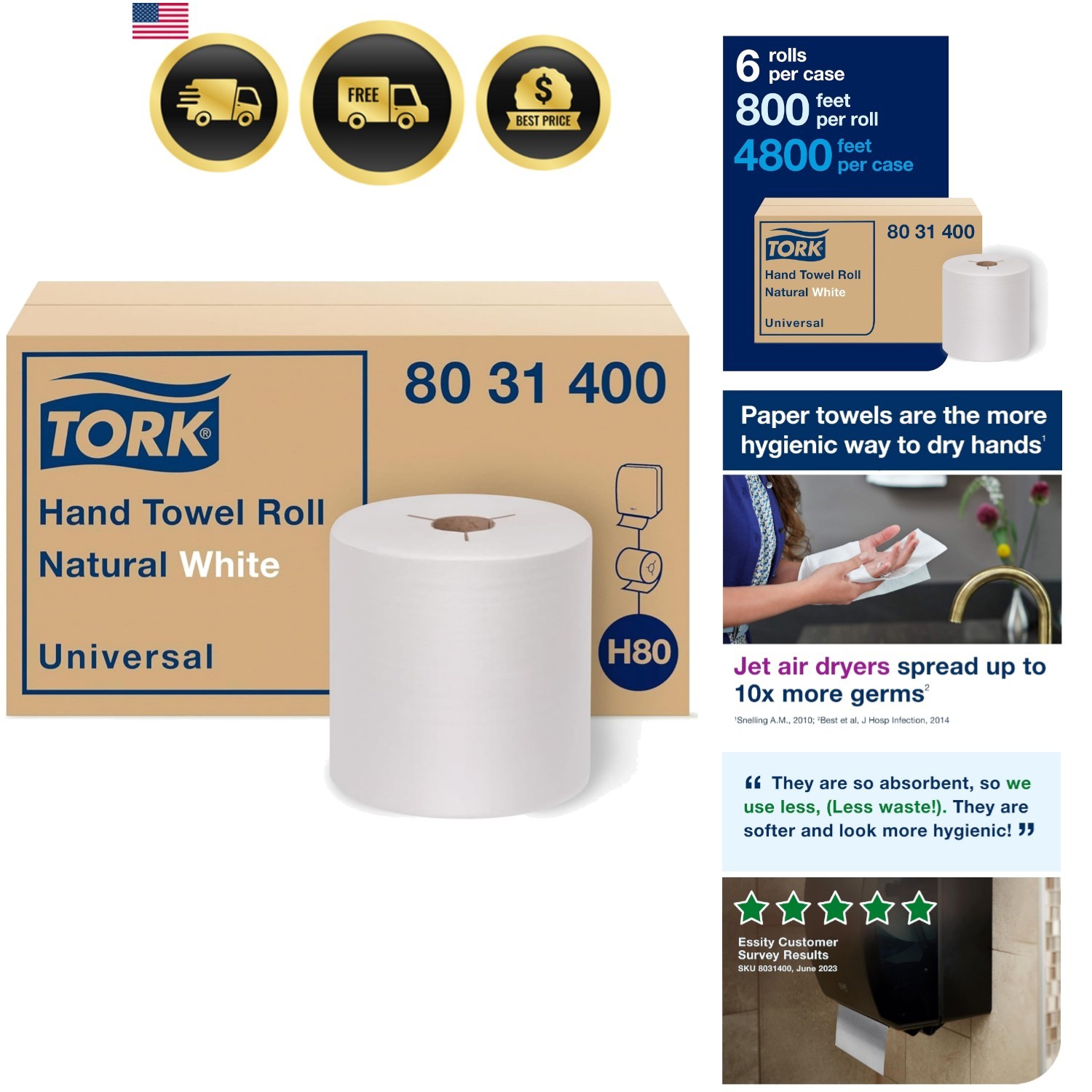 Hand Towel Roll Natural White H80, Universal, 100% Recycled Fiber, 6 Rolls x …
