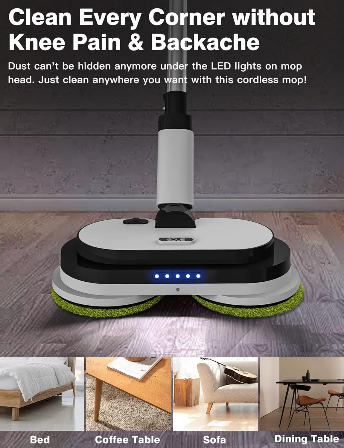 Cordless Electric Mop with LED Light, Water Sprayer & 60 Min Battery Life