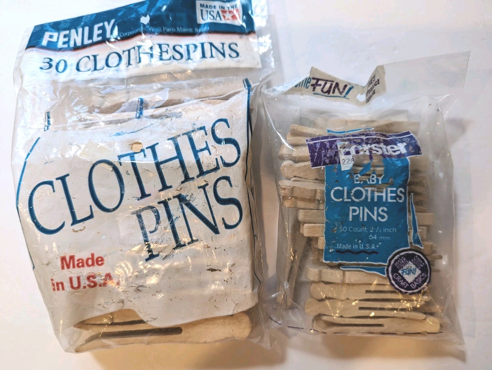 Vtg Wood Clothespins Penley & Forster Flat Slotted Sealed Bags 3.50″ 2.50″