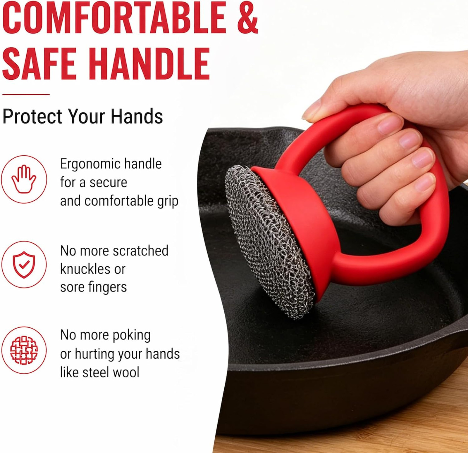Cast Iron Scrubber Heavy Duty Handle 3mm Fine Ring Kitchen Cleaning Tool Red
